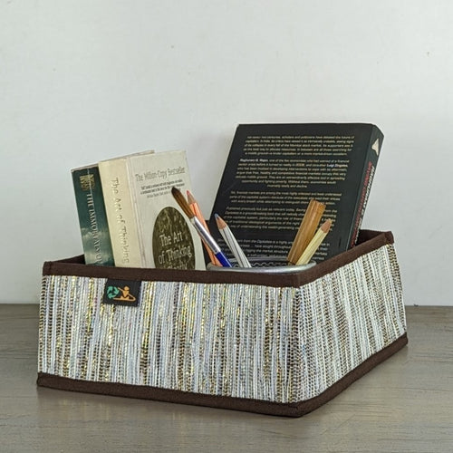 (CSBS0324-108) Cassette Tape Brown and Golden  Shimmery Waste Plastic Wrappers Upcycled Handwoven Collapsible Storage Basket Small