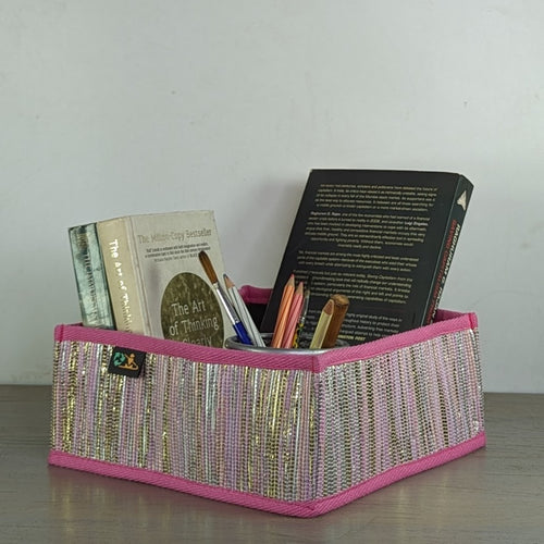 (CSBS0324-112) Shimmery Pink and Golden Waste Plastic Wrappers Upcycled Handwoven Collapsible Storage Basket Small