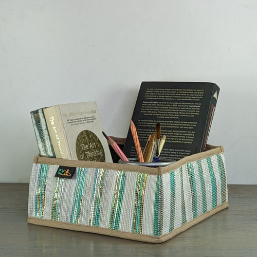 (CSBS0324-113) White with Shimmery Silver Green Stripes Waste Plastic Wrappers Upcycled Handwoven Collapsible Storage Basket Small