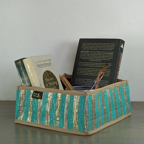 (CSBS0324-115) Green woth Shimmery Golden Stripes Waste Plastic Wrappers Upcycled Handwoven Collapsible Storage Basket Small