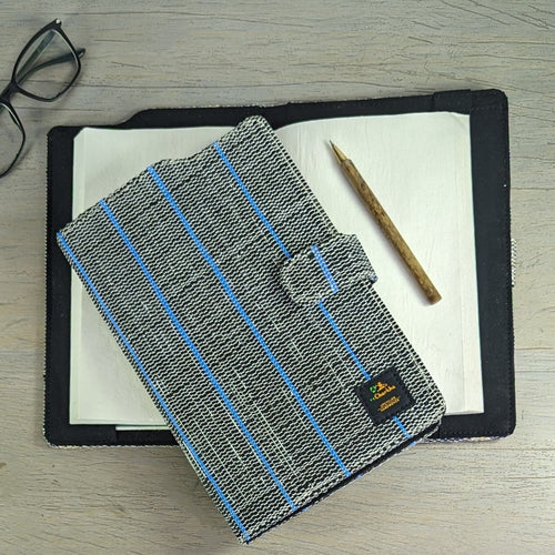 Cassette Tape Black and Blue Striped Waste Plastic Wrappers Upcycled Handwoven Executive Diary Cover (EDC0424-009) PS_W