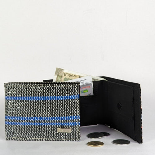 Cassette Tape Black and Blue Waste Plastic Wrappers Upcycled Handwoven Wallet (W0424-010) PS_W