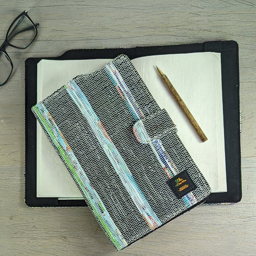 Cassette Tape Black and Multicolored Striped Waste Plastic Wrappers Upcycled Handwoven Executive Diary Cover (EDC0424-007) PS_W