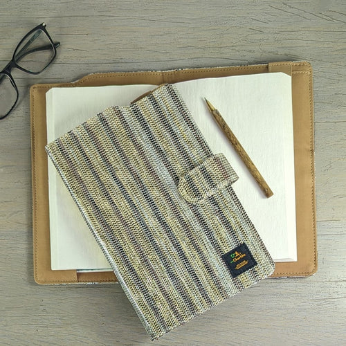 Cassette Tape Brown White and Golden Waste Plastic Wrappers Upcycled Handwoven Executive Diary Cover (EDC0424-002) PS_W