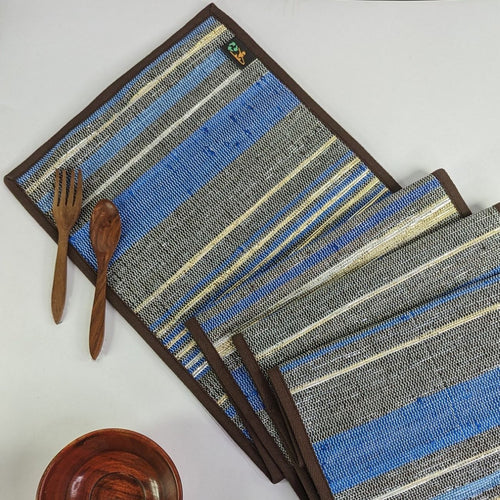 Cassette Tape Brown and Blue White Waste Plastic Wrapper Upcycled Handwoven Table Runner (TR0424-003)