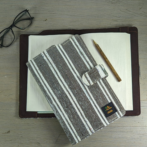 Cassette Tape Brown and White Striped Waste Plastic Wrappers Upcycled Handwoven Executive Diary Cover (EDC0424-018) PS_W