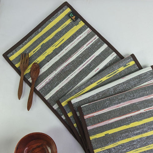 Cassette Tape Brown with Multicolored Stripes Waste Plastic Wrapper Upcycled Handwoven Table Runner (TR0424-013)