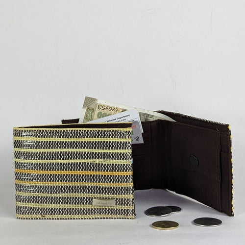 Cassette Tape Brown with Multicolored Stripes Waste Plastic Wrappers Upcycled Handwoven Wallet (W0424-014) PS_W