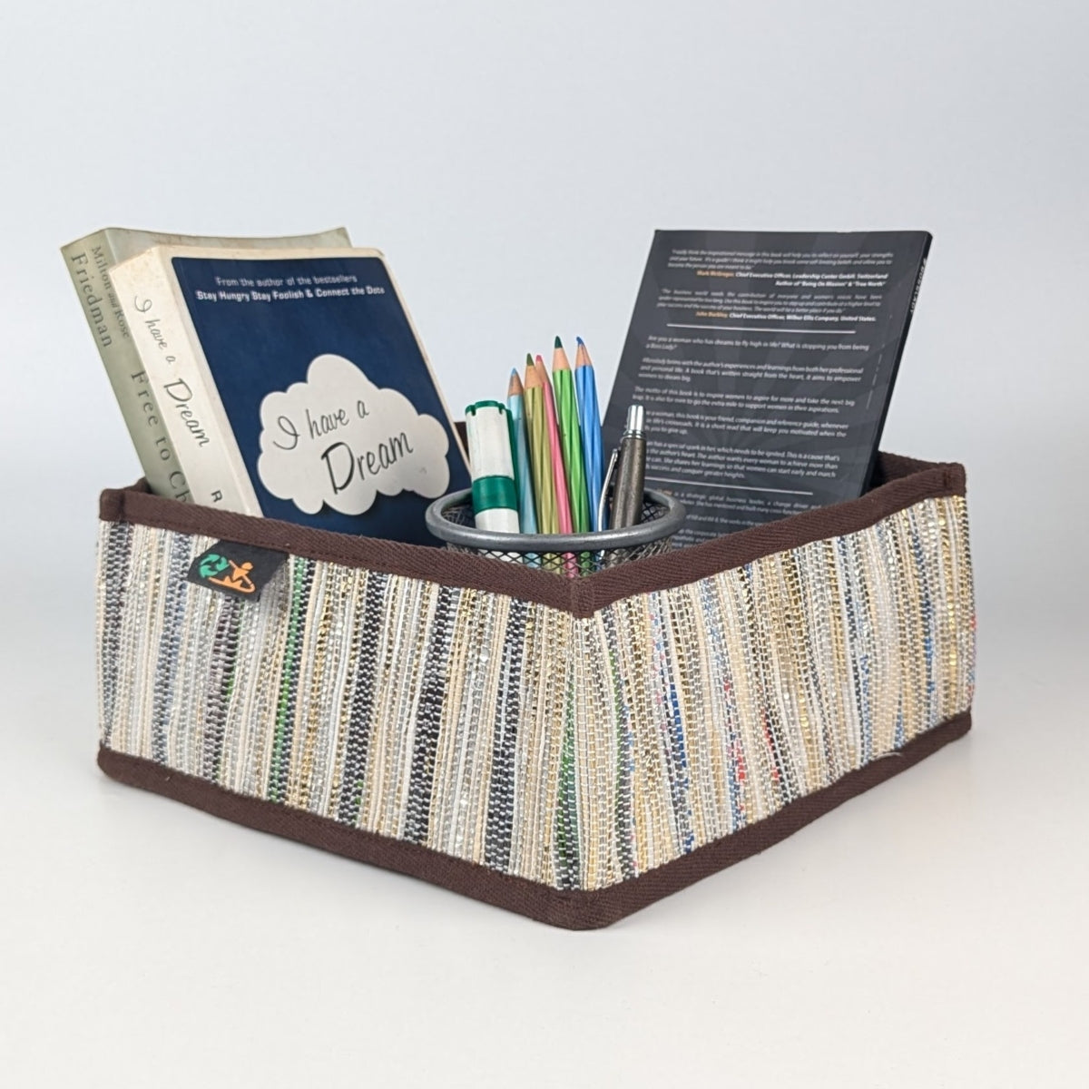 Cassette Tape Brown Multicolored Shimmery Striped Upcycled Handwoven Collapsible Storage Basket Small (CSBS0125-003) PS_W