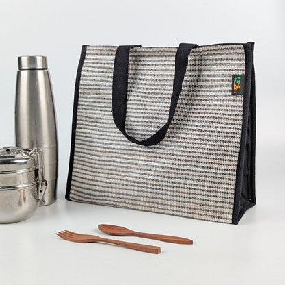 Cassette Tape Brown White Striped Upcycled Handwoven Lunch Bag (LB0225-006) PS_W