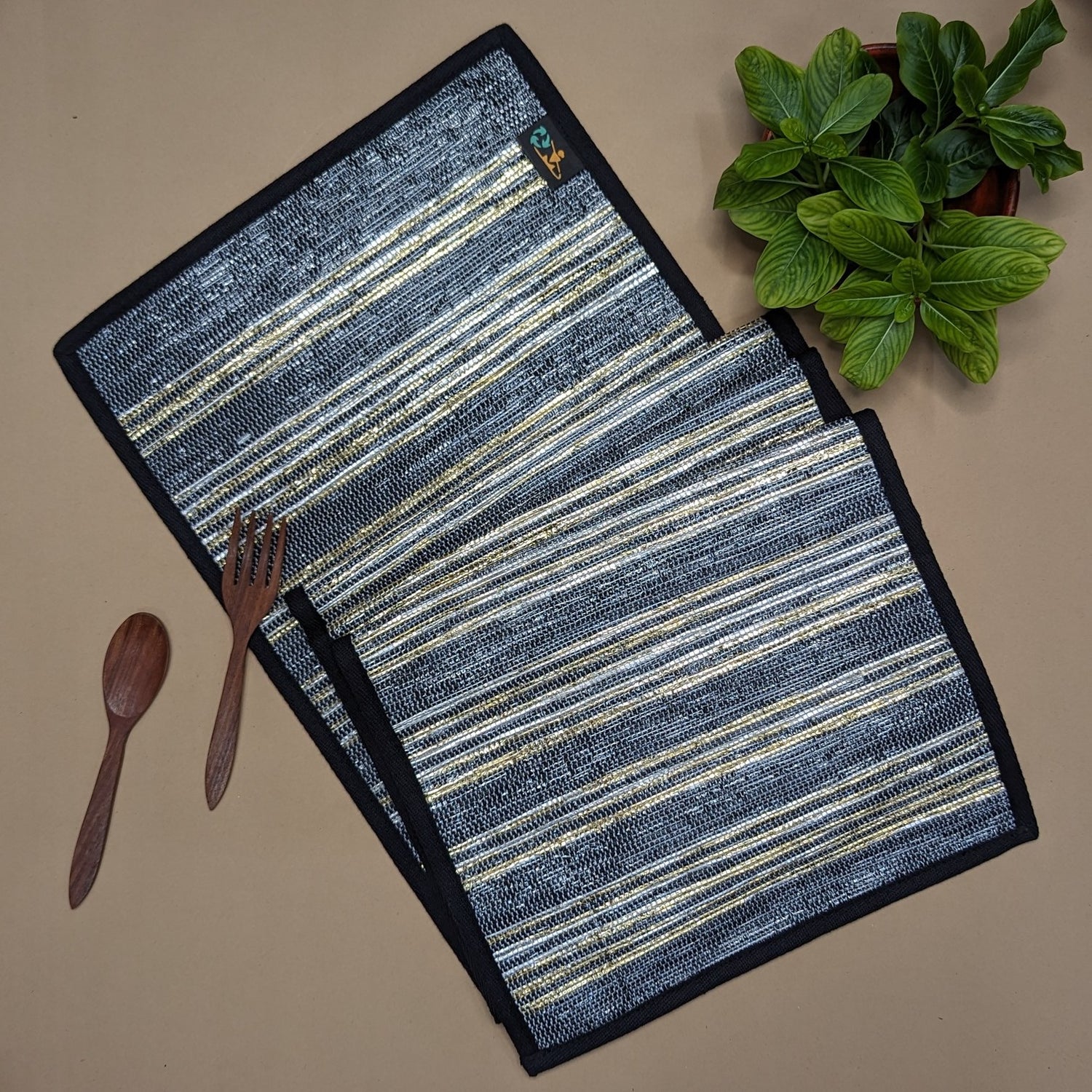 Cassette Tape Brown and Golden Shimmery Striped Upcycled Handwoven Table Runner (TR0824-004) PS_W