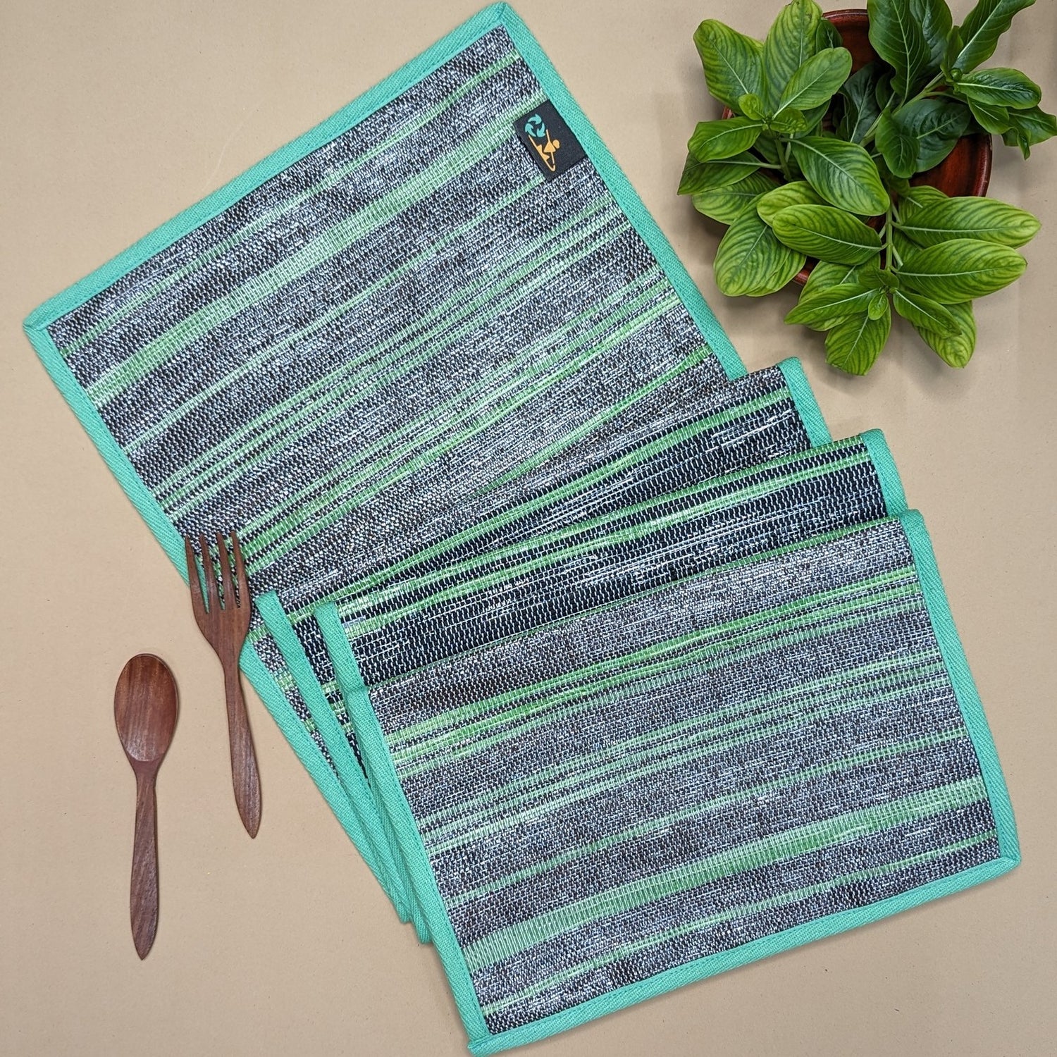 Cassette Tape Brown and Green Striped Upcycled Handwoven Table Runner (TR0824-007) PS_W