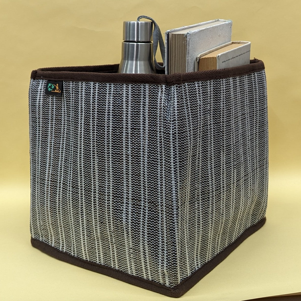 Cassette Tape Brown and White Striped Upcycled Handwoven Collapsible Storage Basket Medium (CSBM0824-020) PS_W
