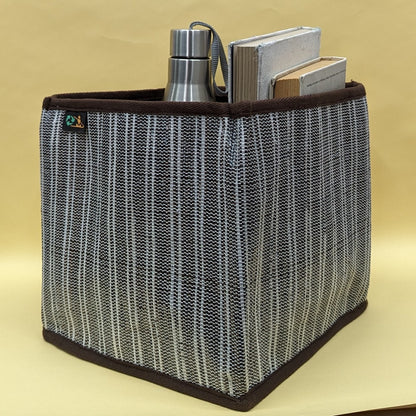 Cassette Tape Brown and White Striped Upcycled Handwoven Collapsible Storage Basket Medium (CSBM0824-020) PS_W