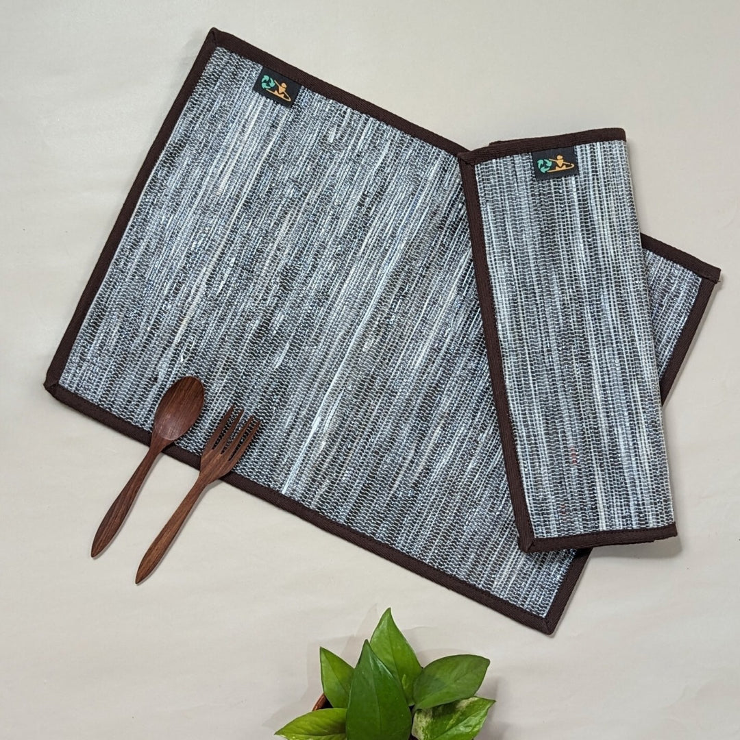 Cassette Tape Brown and White Upcycled Handwoven Table Mat (Set of 2) (TM0724-003) PS_W