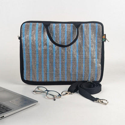 Cassette Tape and Blue Stripes Upcycled Handwoven Laptop Sleeves 14 inches (LSB140225-014) PS_W