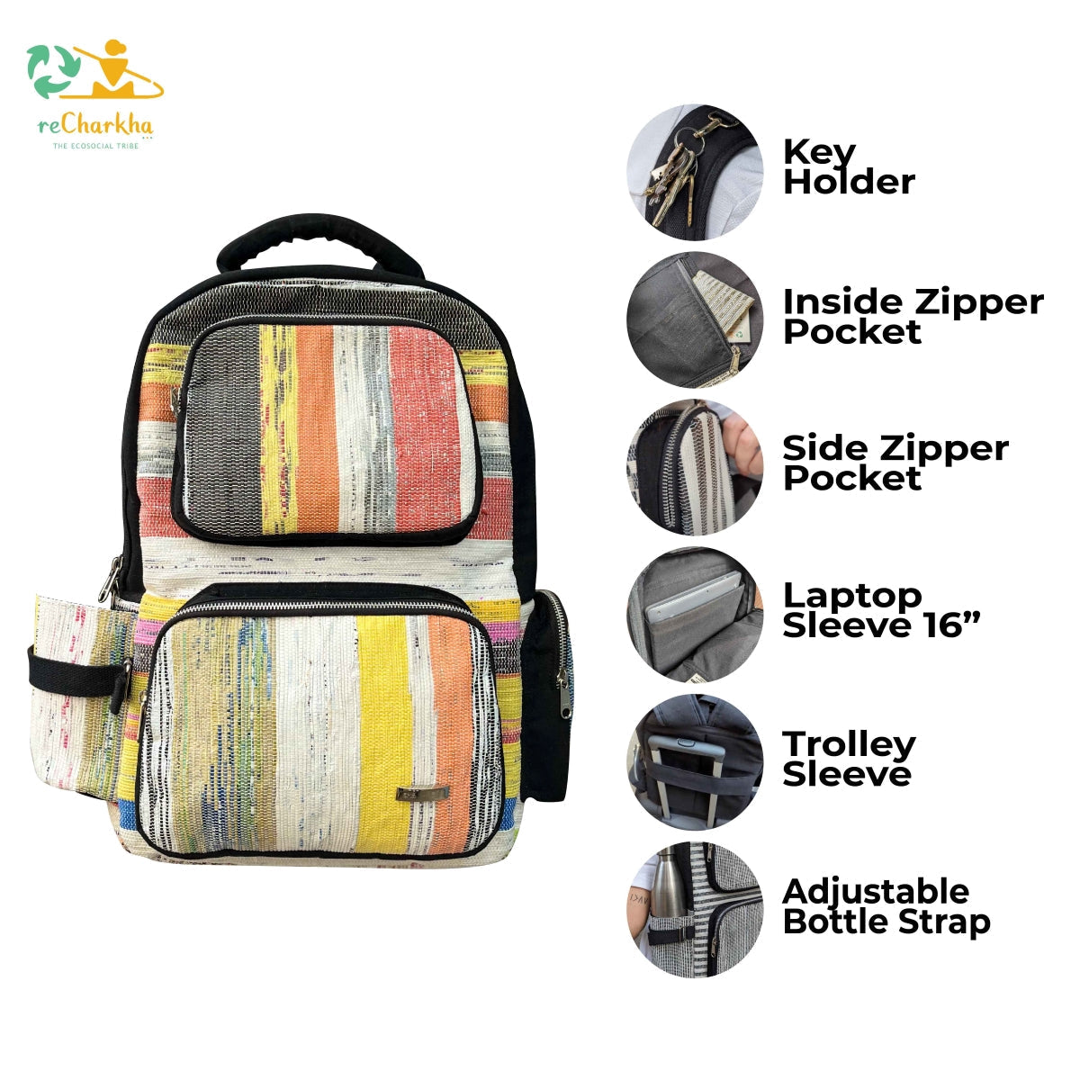 recharkha upcycled handwoven commuter backpack handmade in india from waste plastic bags and wrappers 