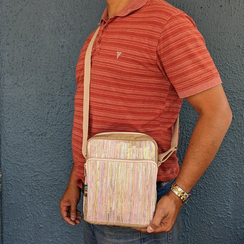 Cross Body Sling (CBS0324-100) Pink and Golden Waste Plastic Wrappers Upcycled Handwoven