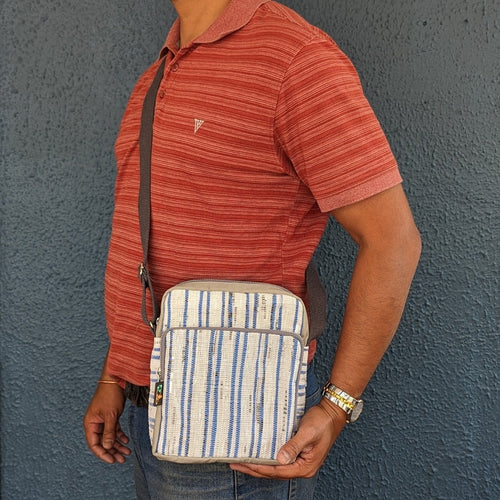 Cross Body Sling (CBS0324-103) White and Blue Striped Waste Plastic Wrappers Upcycled Handwoven