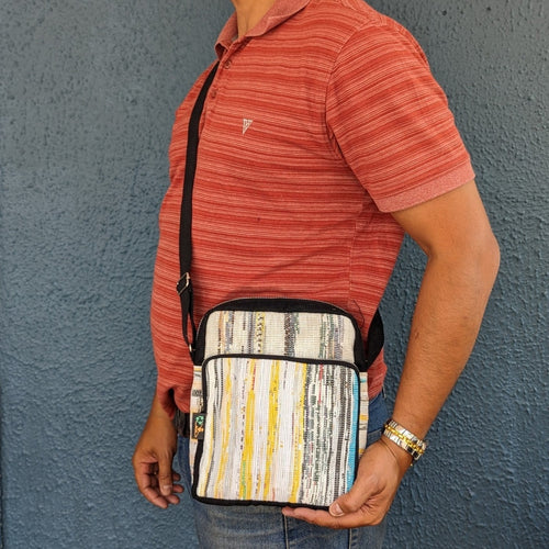 Cross Body Sling (CBS0324-115) White with Multicolored Stripes Waste Plastic Wrappers Upcycled Handwoven
