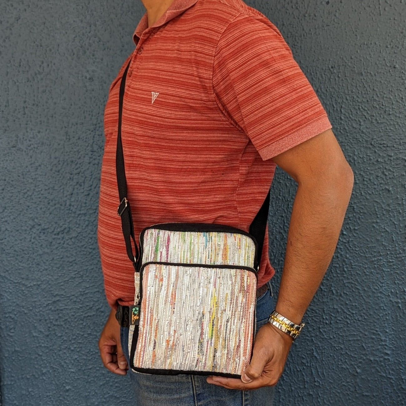 Cross Body Sling (CBS0324-118) Multicolored Glittery Waste Plastic Wrappers Upcycled Handwoven