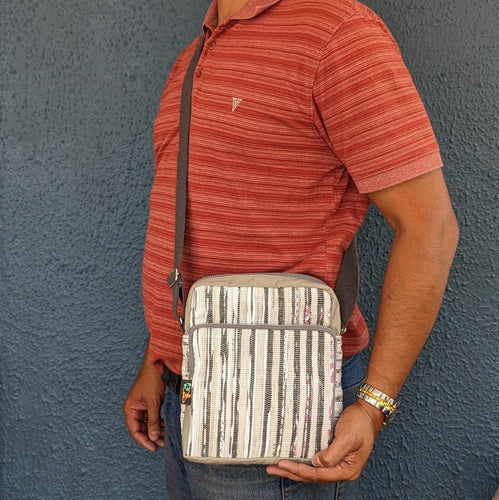 Cross Body Sling (CBS0324-119) White with Striped Black Amazon Waste Plastic Wrappers Upcycled Handwoven