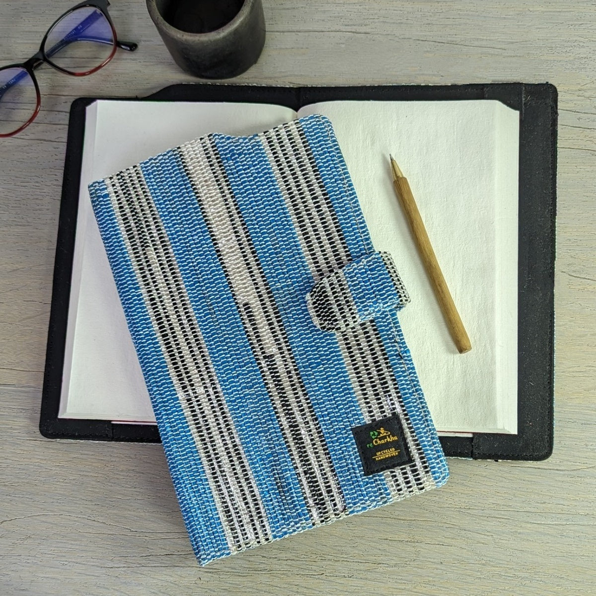 (EDC0224-100) Blue and Black White Stripes Upcycled Handwoven Executive Diary Cover