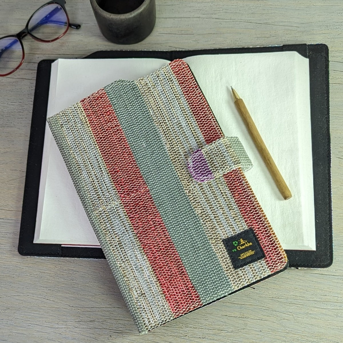 (EDC0224-105) Red Gold Glitter with Grey Bands Upcycled Handwoven Executive Diary Cover 