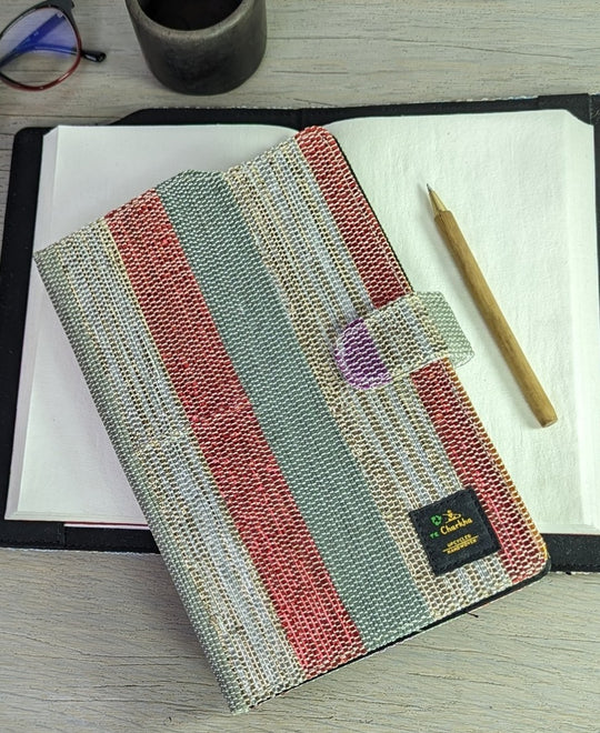 (EDC0224-105) Red Gold Glitter with Grey Bands Upcycled Handwoven Executive Diary Cover