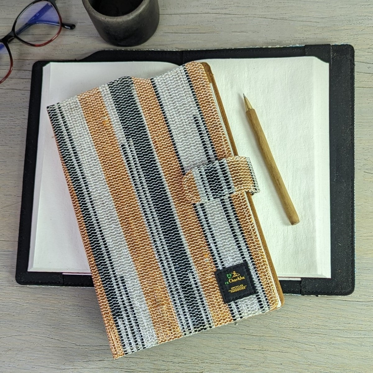 (EDC0224-106) Orange Glitter with Black and White Bands Upcycled Handwoven Executive Diary Cover