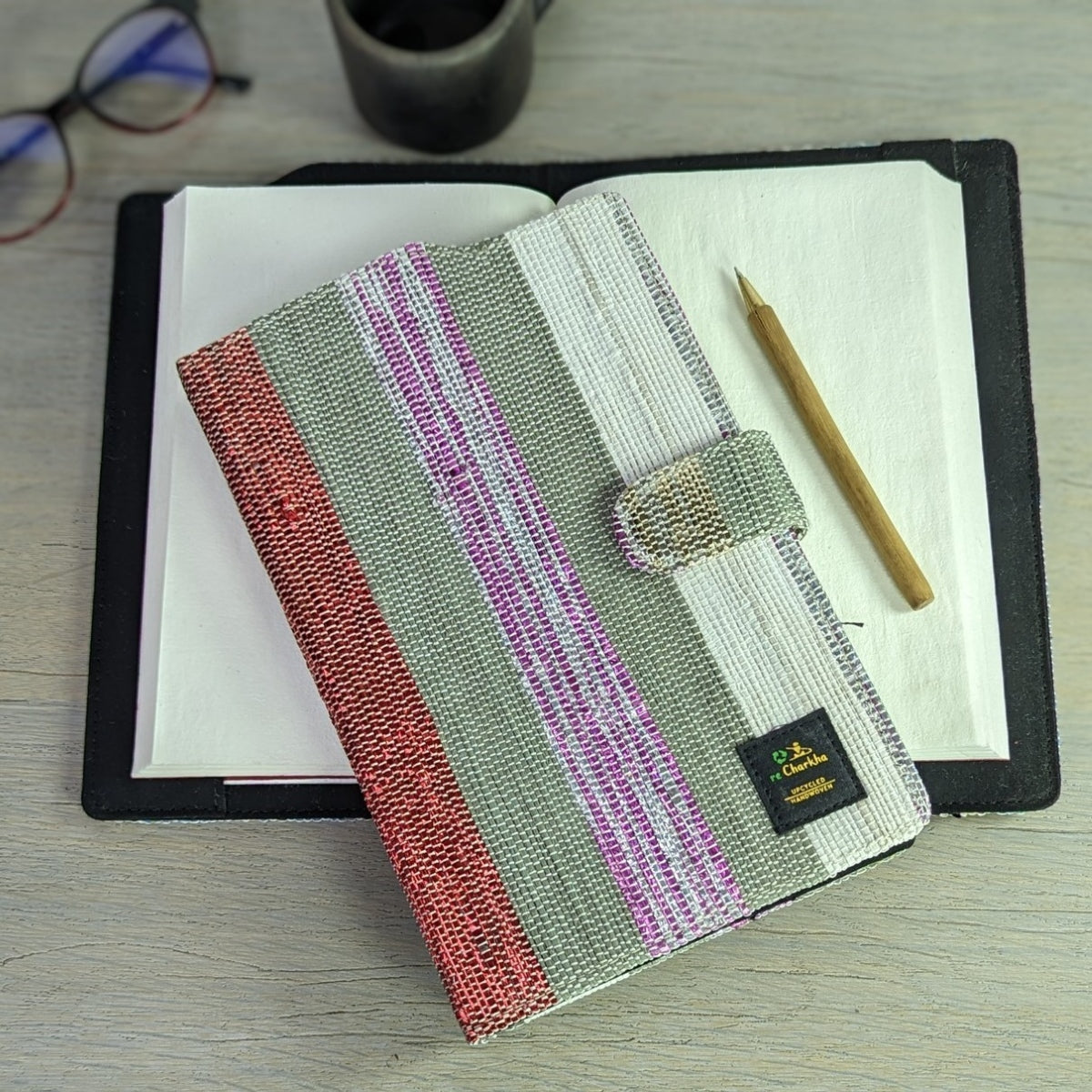 (EDC0224-107) Red Purple Silver Glitter White and Grey Bands Upcycled Handwoven Executive Diary Cover