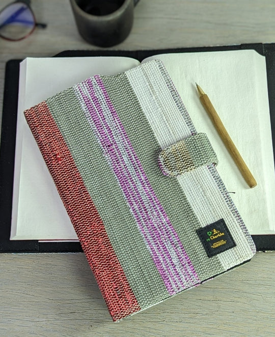(EDC0224-107) Red Purple Silver Glitter White and Grey Bands Upcycled Handwoven Executive Diary Cover