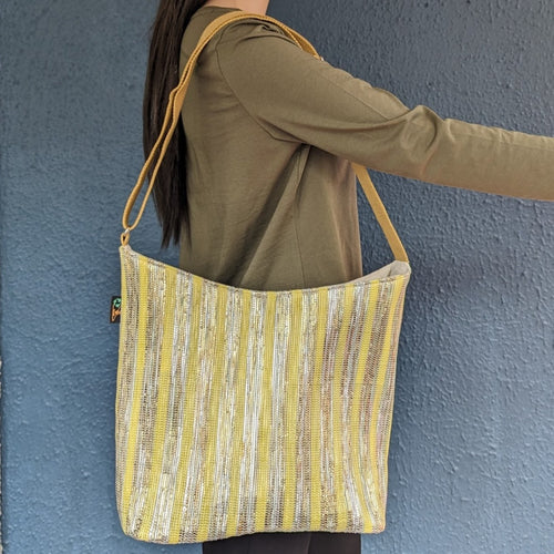 (EJ0324-101) Glittery Golden and Yellow Waste Plastic Wrappers Upcycled Handwoven Eclipse Jhola Tote