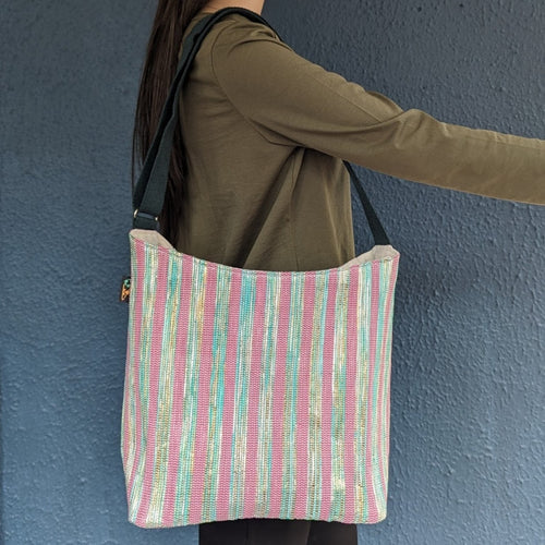 (EJ0324-103) Glittery Green Sliver and Pink Waste Plastic Wrappers Upcycled Handwoven Eclipse Jhola Tote