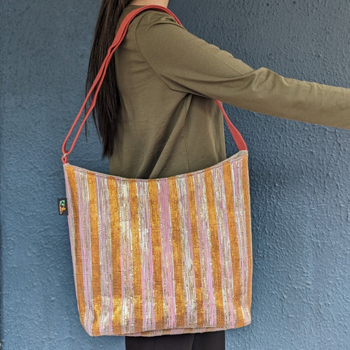 (EJ0324-105) Glittery Golden Pink Orange Waste Plastic Wrappers Upcycled Handwoven Eclipse Jhola Tote
