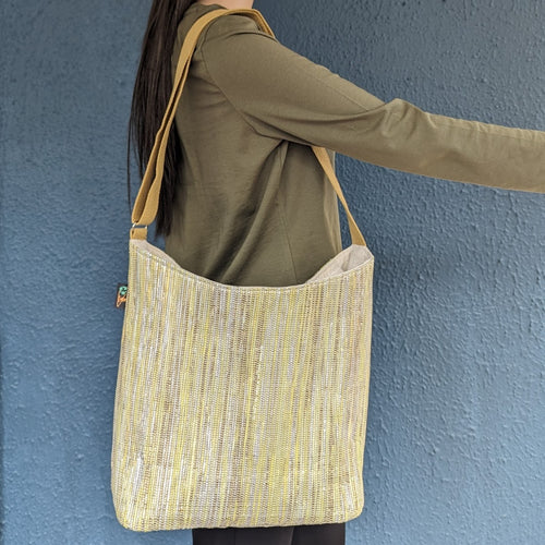 (EJ0324-106) Glittery Golden Yellow Waste Plastic Wrappers Upcycled Handwoven Eclipse Jhola Tote