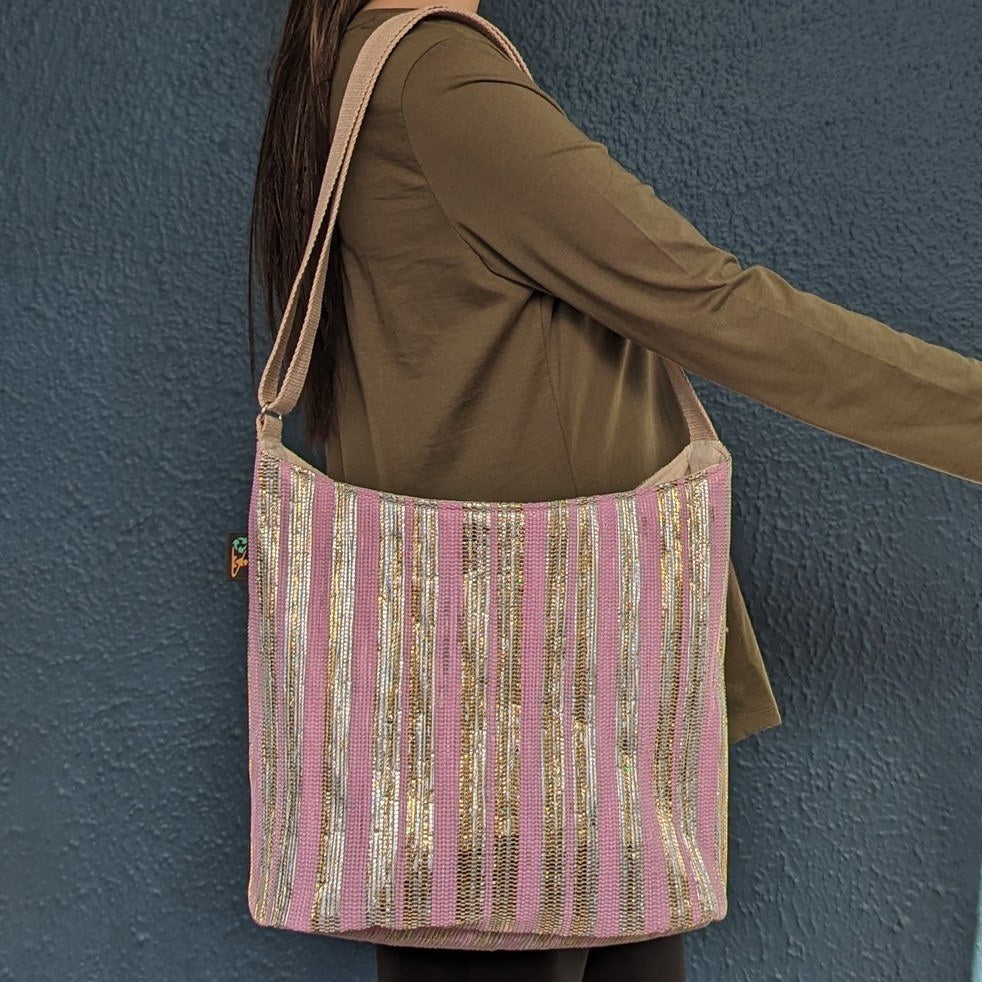 (EJ0324-113) Golden Glittery Waste Plastic Wrappers Upcycled Handwoven Eclipse Jhola Tote With Pink Stripes