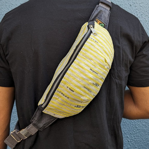 (FP0324-100) Yellow and White with Black Tints Waste Plastic Wrappers Upcycled Handwoven Fanny Pack