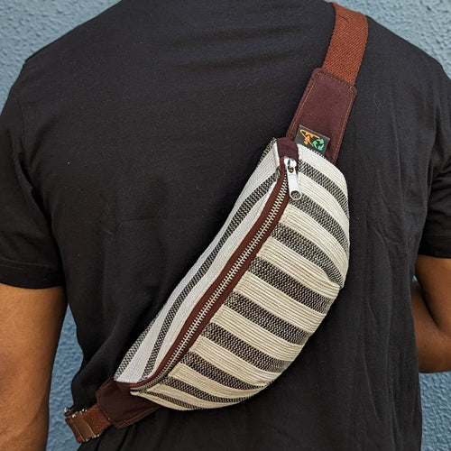 (FP0324-102) Cassette Tape Brown and White Striped Waste Plastic Wrappers Upcycled Handwoven Fanny Pack