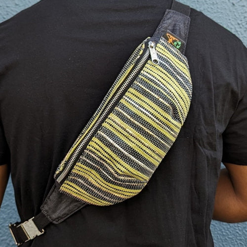 (FP0324-104) Cassette Tape Brown Yellow and Golden Striped Waste Plastic Wrappers Upcycled Handwoven Fanny Pack