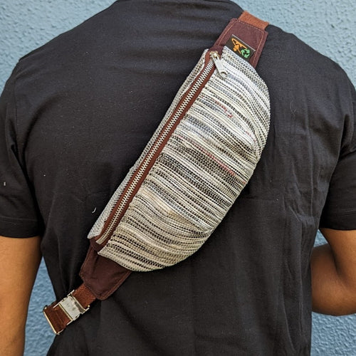 (FP0324-106) Cassette Tape Brown and White Waste Plastic Wrappers Upcycled Handwoven Fanny Pack with Red Tints