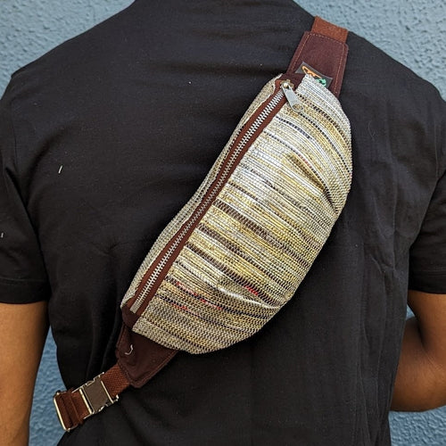 (FP0324-110) Brown and Golden Glittery Waste Plastic Wrappers Upcycled Handwoven Fanny Pack