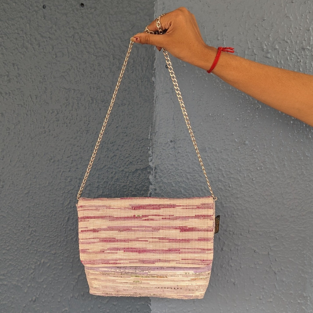 (GC0124-104) Shades of Pink Purple with White Stripes Upcycled Handwoven Girija Clutch 