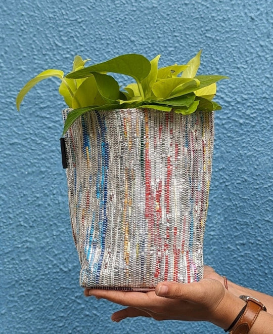 (GPM0124-100) Silver Glittery Multicolor Upcycled Handwoven Gro Pot Medium
