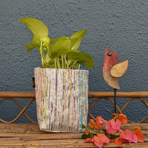 (GPS0324-113) Multicolored Glittery Waste Plastic Wrappers Handwoven Upcycled Small Grow Pot