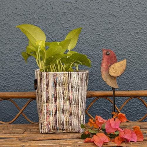 (GPS0324-114) Golden with Multicolored Stripes Waste Plastic Wrappers Handwoven Upcycled Small Grow Pot