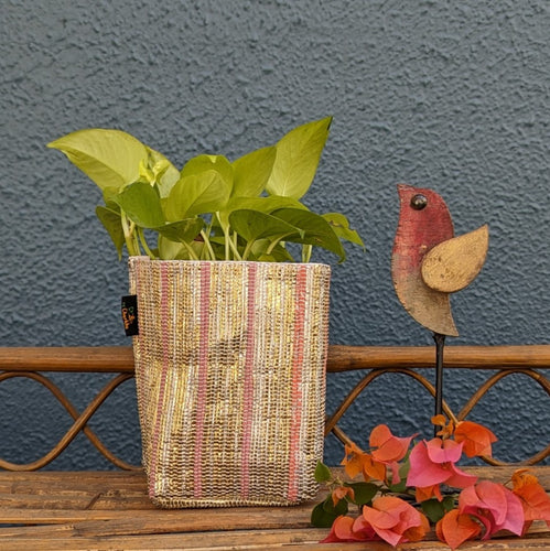 (GPS0324-122) Glittery Golden and Pink Waste Plastic Wrappers Handwoven Upcycled Small Grow Pot
