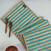 Glittery Golden and Green Striped Waste Plastic Wrapper Upcycled Handwoven Table Runner (TR0424-014)