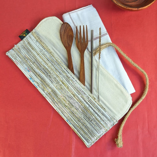 Gold Silver Mix with Blue Tinge Upcycled Handwoven Cutlery Kit (CK0224-112)