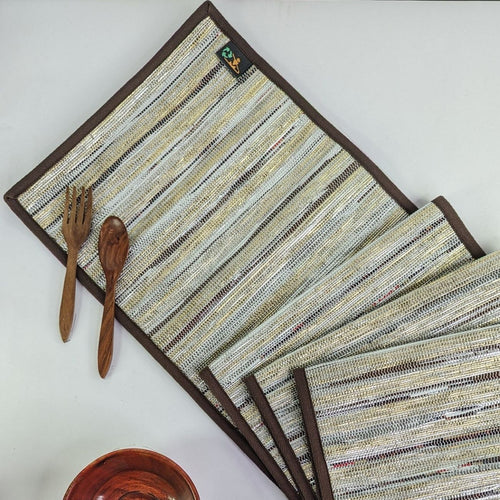 Golden Glittery Brown Waste Plastic Wrapper Upcycled Handwoven Table Runner (TR0424-007)
